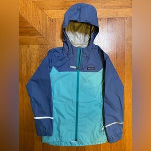 Patagonia Two-Tone Hooded Rain Jacket in Blue and Teal